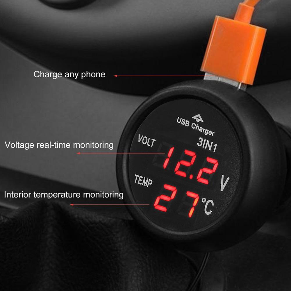 Voltímetro Digital LED multifunción para coche, Universal, 3 en 1, 12V, 24V, termómetro, Cargador USB, medidor de voltaje