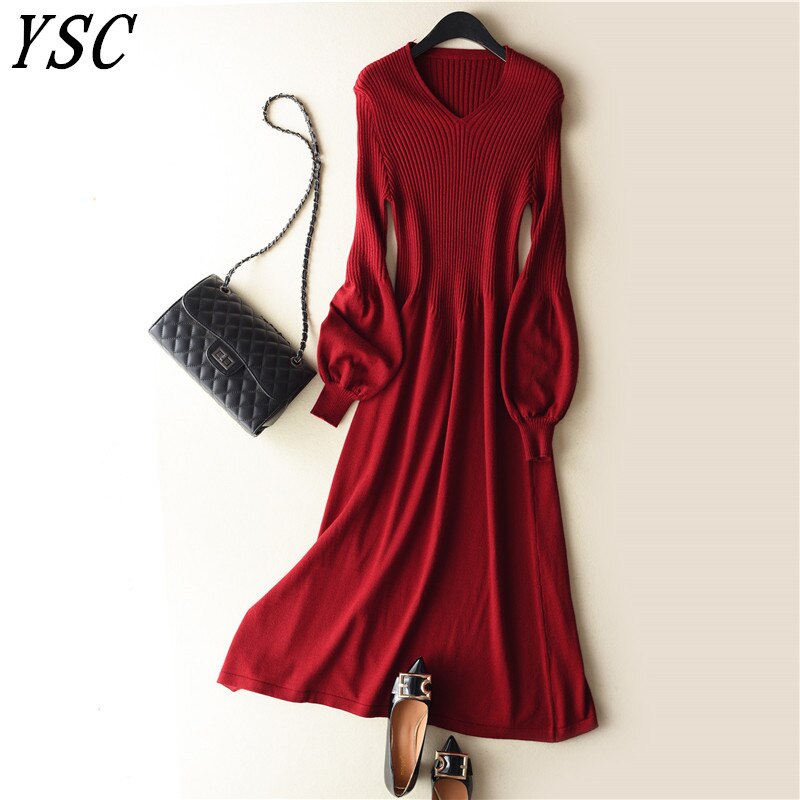 spring Latest style Women's Knitted Cashmere Wool Dress Long style Solid color V-collar Lantern sleeve