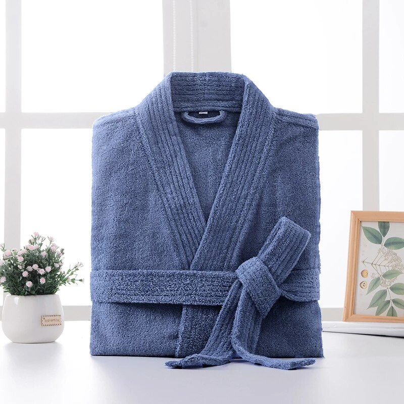 Bata de baño de algodón 100% para hombre, albornoz cálido de longitud gruesa, chal de felpa, Kimono, ropa de casa, bata de manga larga, abrigo, Peignoir: Blue / L(165-178cm)