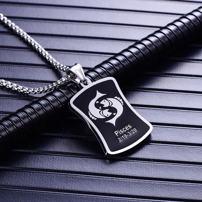 Zodiac sign 12 constellation pendant men necklace stainless steel male accessories gold simple silver necklace chain Square card