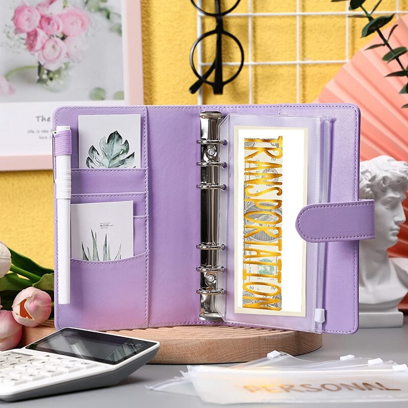 A6 PU Binder Planner Budget Organizer Round Ring Binder Cover Magnetic Personal Planner Binder with 12 Binder Pocket