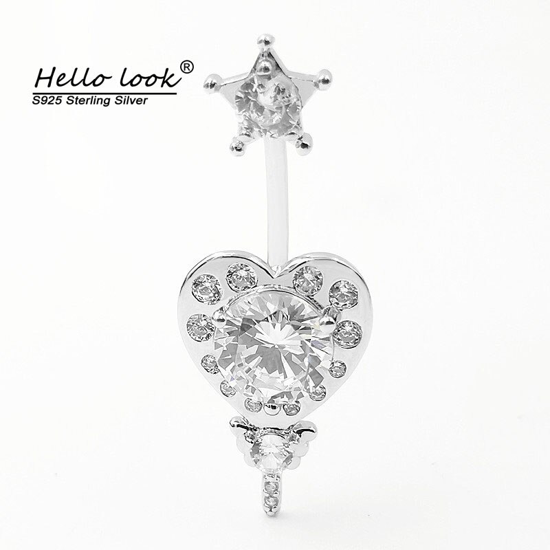 Hellolook Pentagram Love Heart Belly Ring anelli ombelico in argento Sterling 925 zircone Piercing all'ombelico gioielli per il corpo da sposa