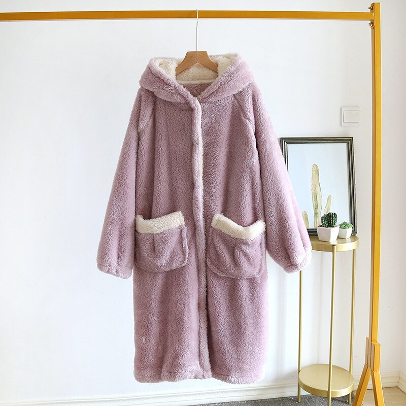 Autumn Winter Thicken Women Warm Soft Flannel Coral Fleece Long Bath Robe Women Bathrobe Dressing Gown Robes: purple / L(70-90kg)