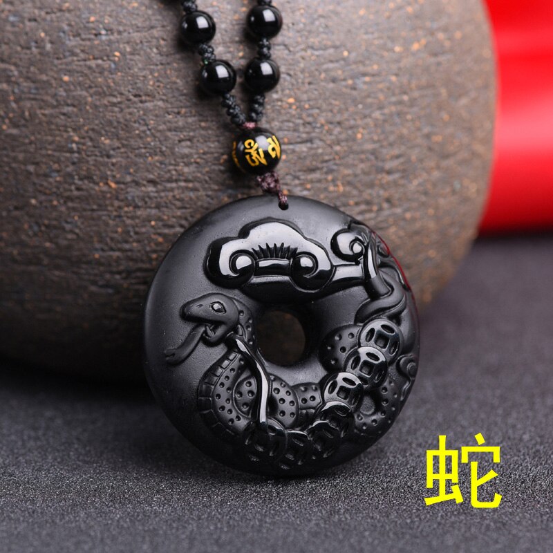 Chinese Zodiac Obsidian Dragon Tiger Pendant Necklace Charm Jewellery Accessories Hand-Carved Man Lucky Amulet: Snake