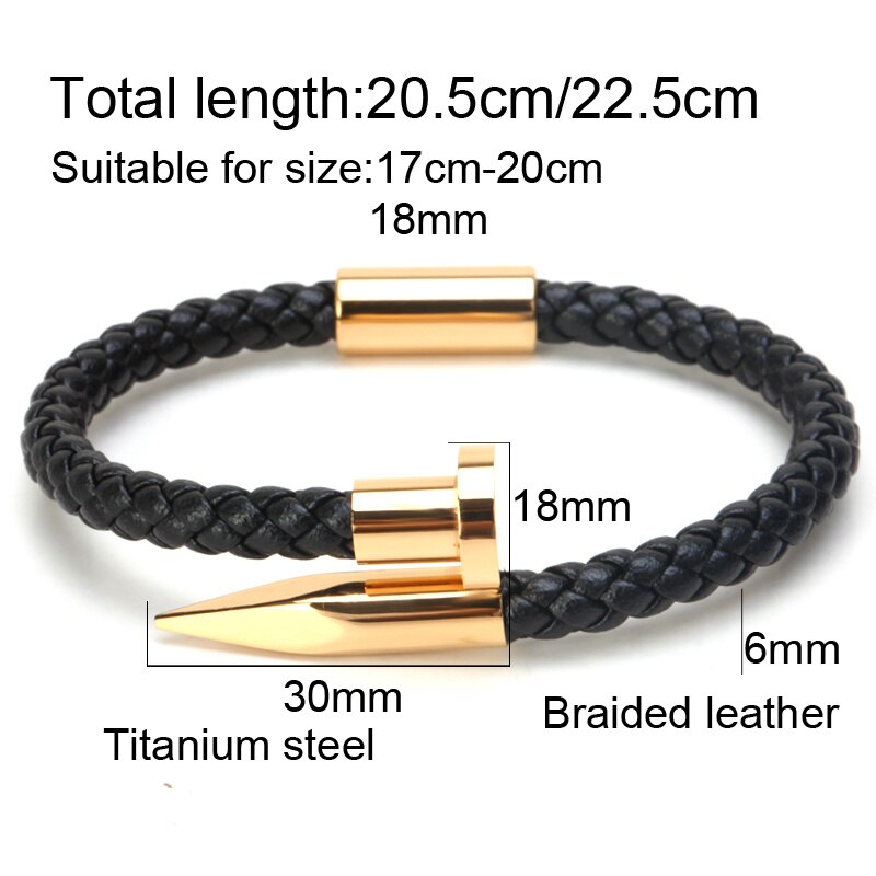 Sort læder reb rustfrit stål søm armbånd til kvinder mænd charm mandlige armbånd