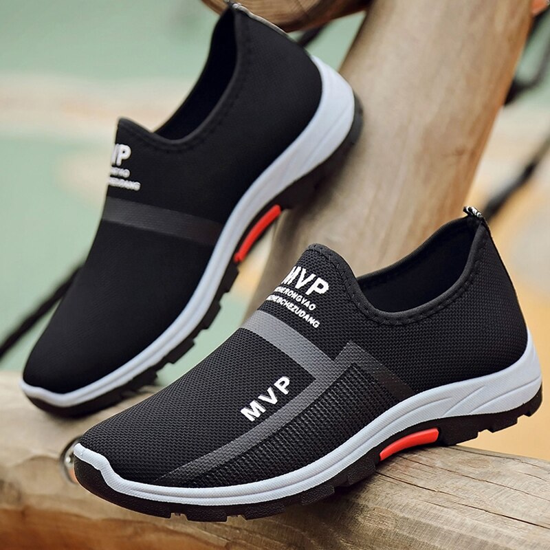 Baskets légères pour hommes, chaussures de marche décontractées, sandales respirantes, mocassins en caoutchouc à enfiler, Tennis, à la ,: Black / 38