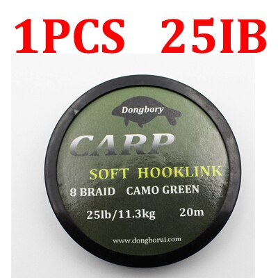 Línea de pesca de carpa de 20M, eslabones de gancho suave para el alambre de la carpa, 8 hebras trenzadas, enganche de camuflaje, línea de gancho revestido, equipo de pesca de carpa: 25LB