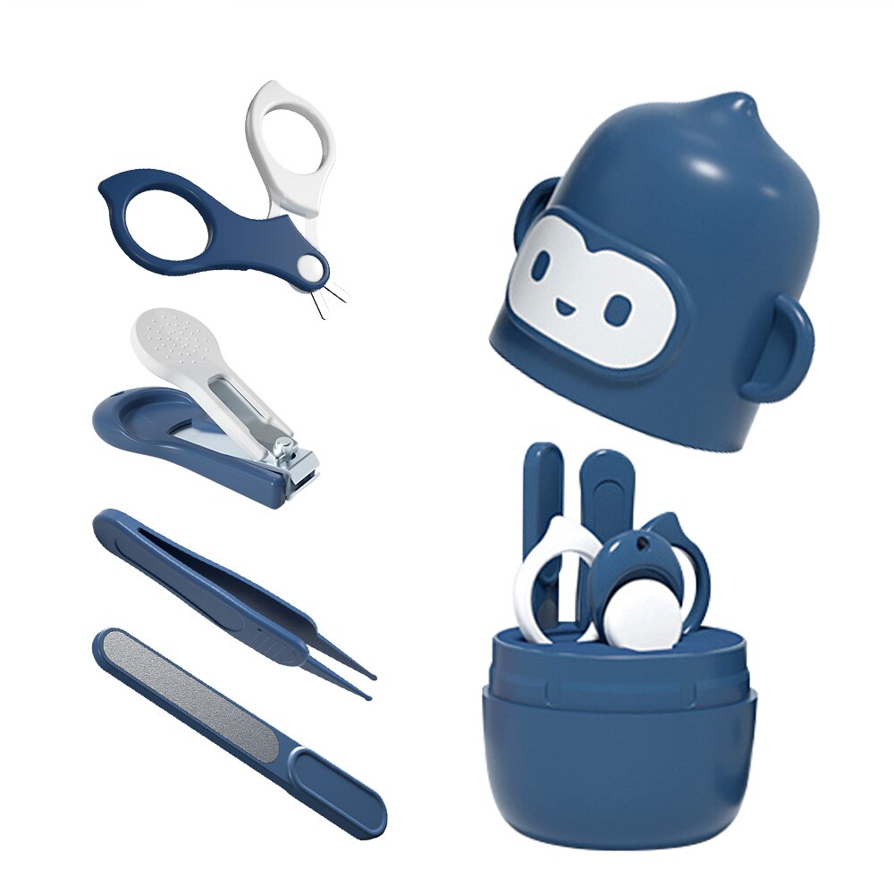 cartoon Baby Nail Clipper Set with Monkey Storage Box Newborn Nail Clipper baby hygiene kit scissors Care Set Kids Nail Care: blue