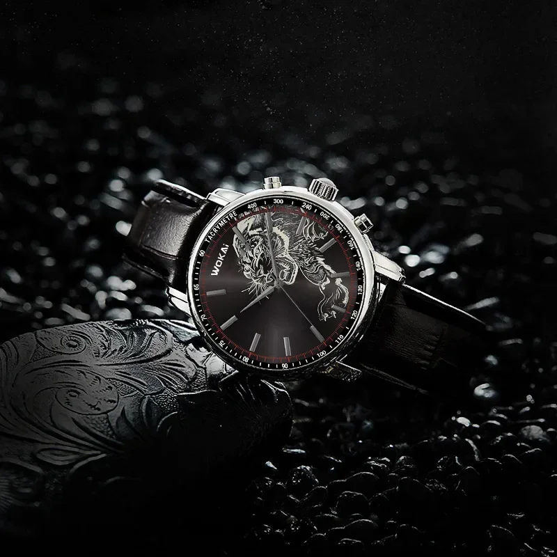 2024 Mode Tijger Horloge WOKAI Mannen Horloges Casual Lederen Band Quartz Horloges Mannen Goedkope Prijs Montre Homme