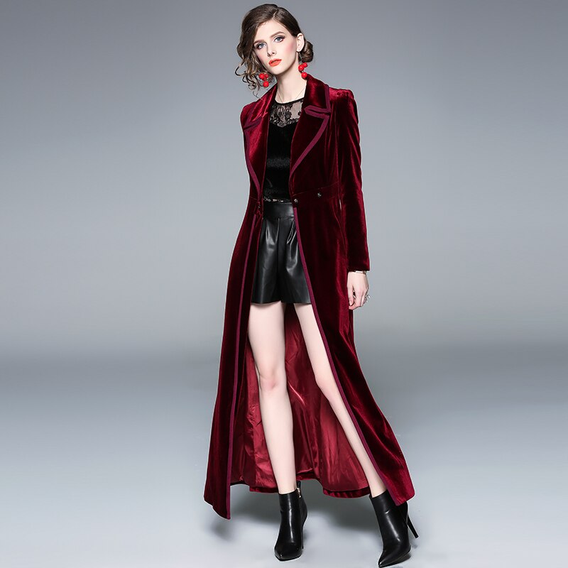 Plus Size 2XL Winter Women Long Sleeve Notched Collar Double-Breasted Gold Velvet Maxi Trench Coat Autumn Outerwear