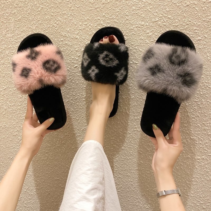 Varme sko kvinde vinter tøfler imiteret pels kvinder tøfler slip on flip flops pels tøfler kvindelige slides plus str.