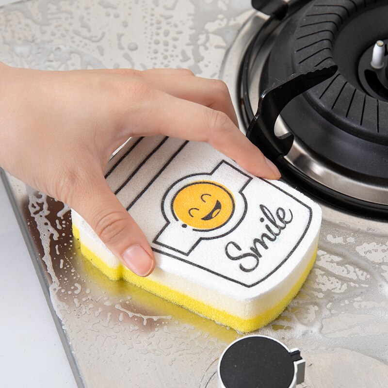 4PCS Smiley Face Thick Sponge Strong Decontamination Dish Washing Cloth Kitchen Cleaner Sponges Scouring Pads