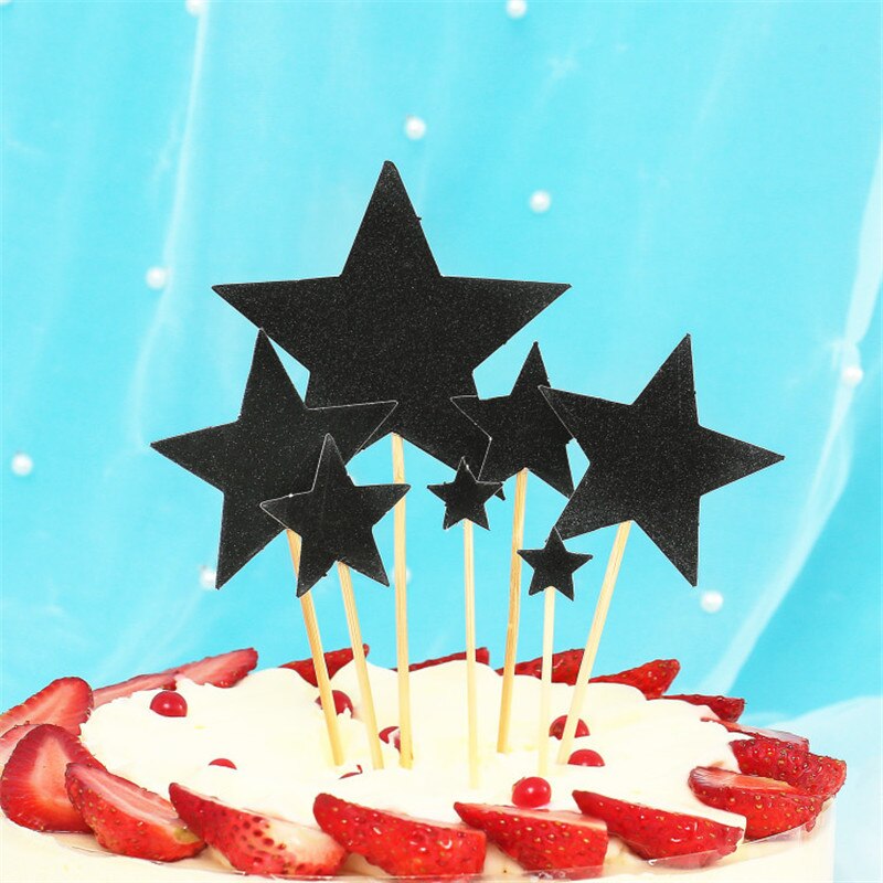 Cakelove 7pcs/Set Red Gold Heart Shape Cake Topper with Toothpick Cake Decorations for Wedding Birthday Party Cute Lovely: Pentagram black