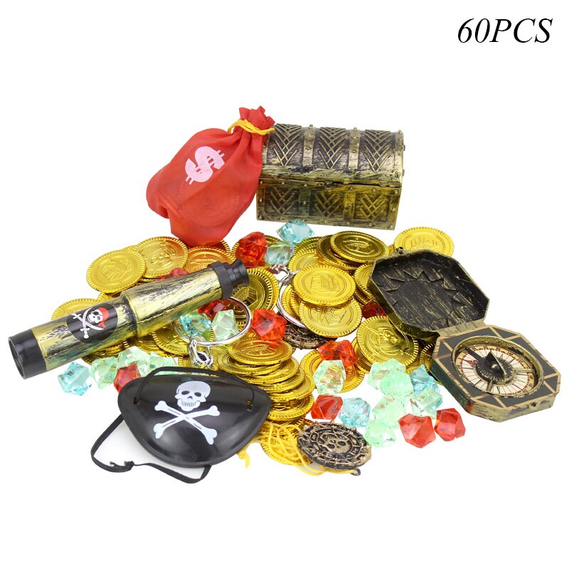 60 Pcs Pretend Spielen Nautical Pirate Schatz Spielzeug Piraten Schatz Jagd Spiel Gold Münze Edelstein One-eyed Teleskop Requisiten junge Spielzeug: Default Title