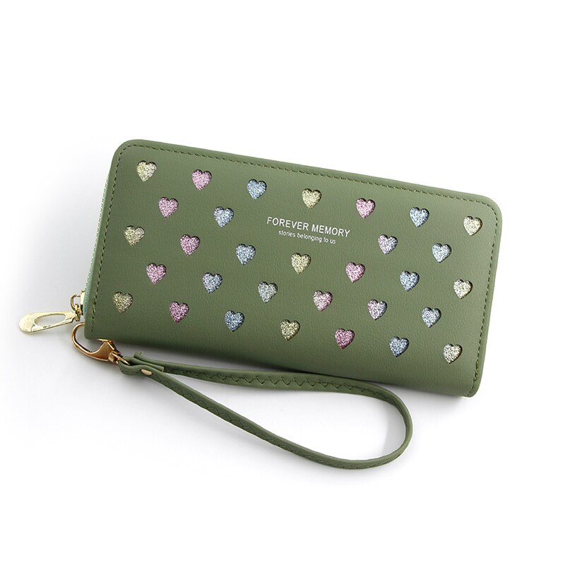 Women Wallet Long Pu Leather Love Heart Cute Purse for Phone High Capacity Card Holder Clutch Wallets Carteira Feminina: Green