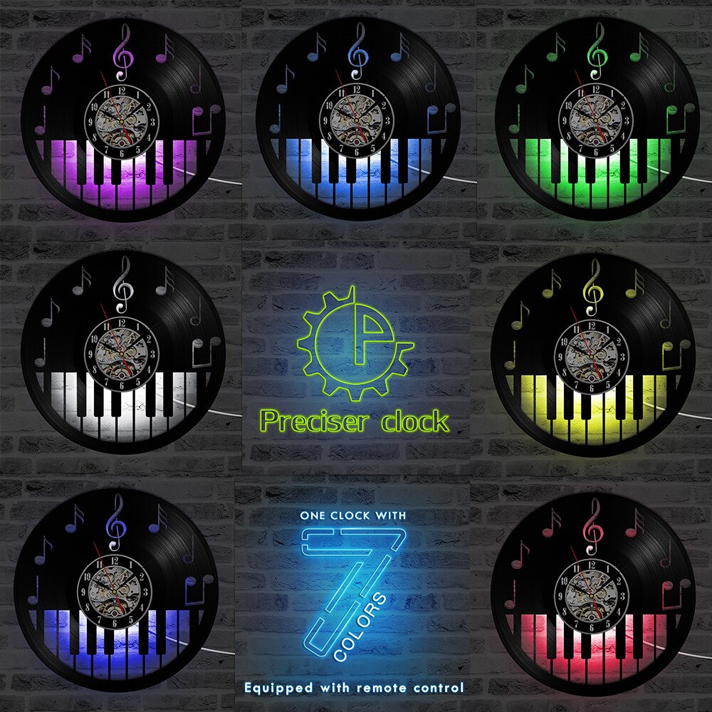 Holle Piano Keybord Vinyl Record Klok Creatieve en Antieke Stijl Zwarte Ronde LED Wandklok Muziek Piano Decor Art Klok: A with 7 colors