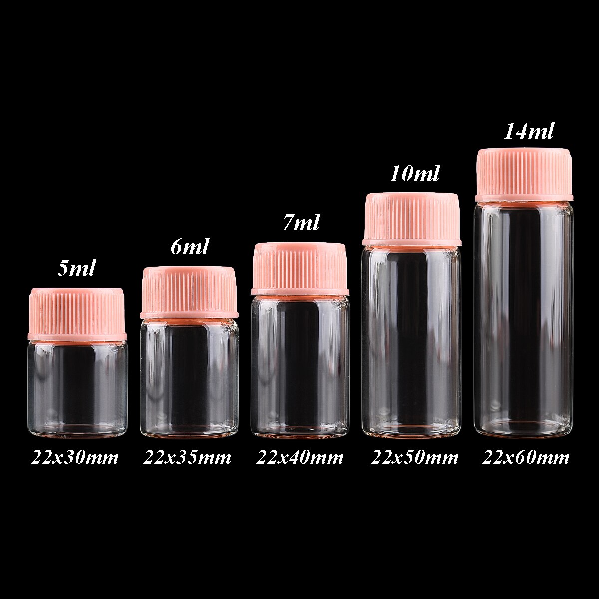 Frascos de vidrio con tapas de plástico rosa para especias, CON POCIÓN frascos de vidrio, 10 Uds. De diámetro de 22mm, 5ml/6ml/7ml/10ml/14ml