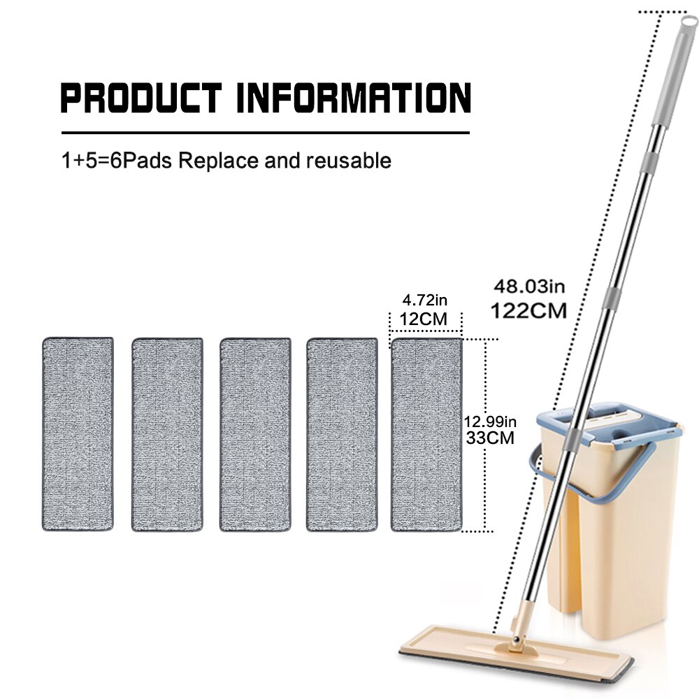 Trapeador plano con cubo Rotación de 360 ​​grados No lavar a mano Fregona para limpieza de suelos 6 alfombrillas de microfibra Uso húmedo y seco Utensilios de cocina para el hogar: Beige 6pcs Pads