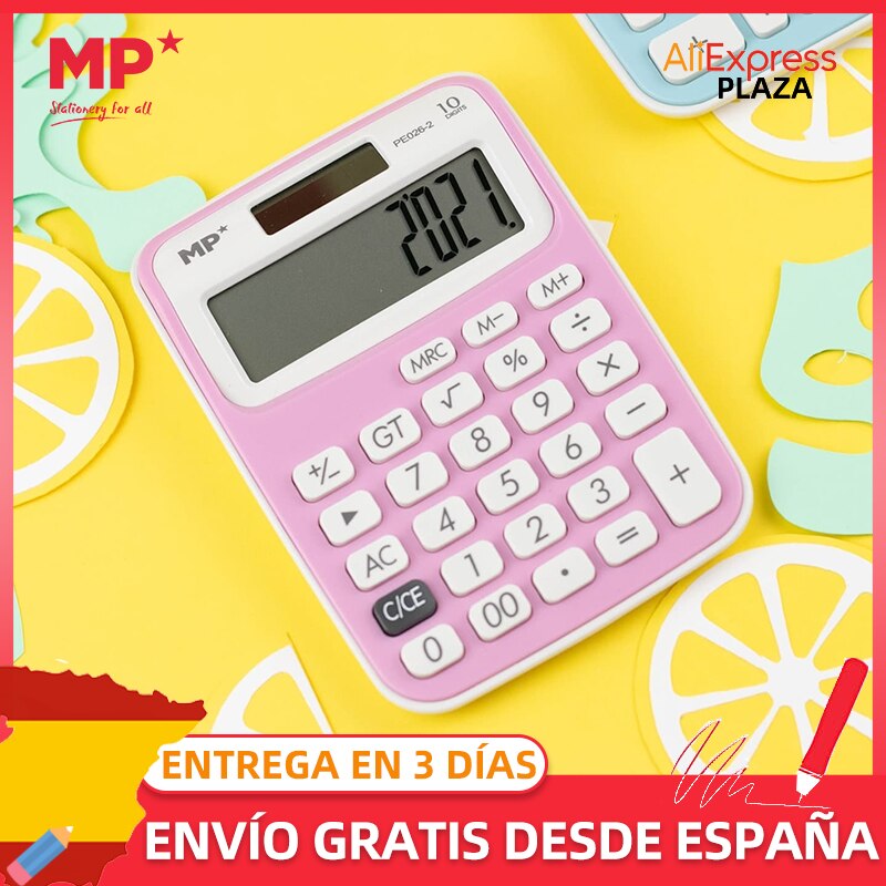 MP® Calculadora 10 Dígitos con Pantalla LCD 4 Colores Fuente Solar Portátil Oficina Escritorio Estudiantes Escuela Batería Suministros Material Escolar Trabajo Energía Matemáticas Herramienta Digital Papelería