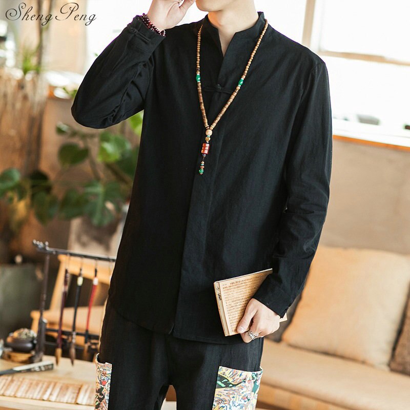 Traditionellen Chinesischen wushu hemd kleidung für männer oben orientalisch Mandarin kragen hemd leinen männlichen Kimono Outfit kleidung Q582: 1 / 5XL