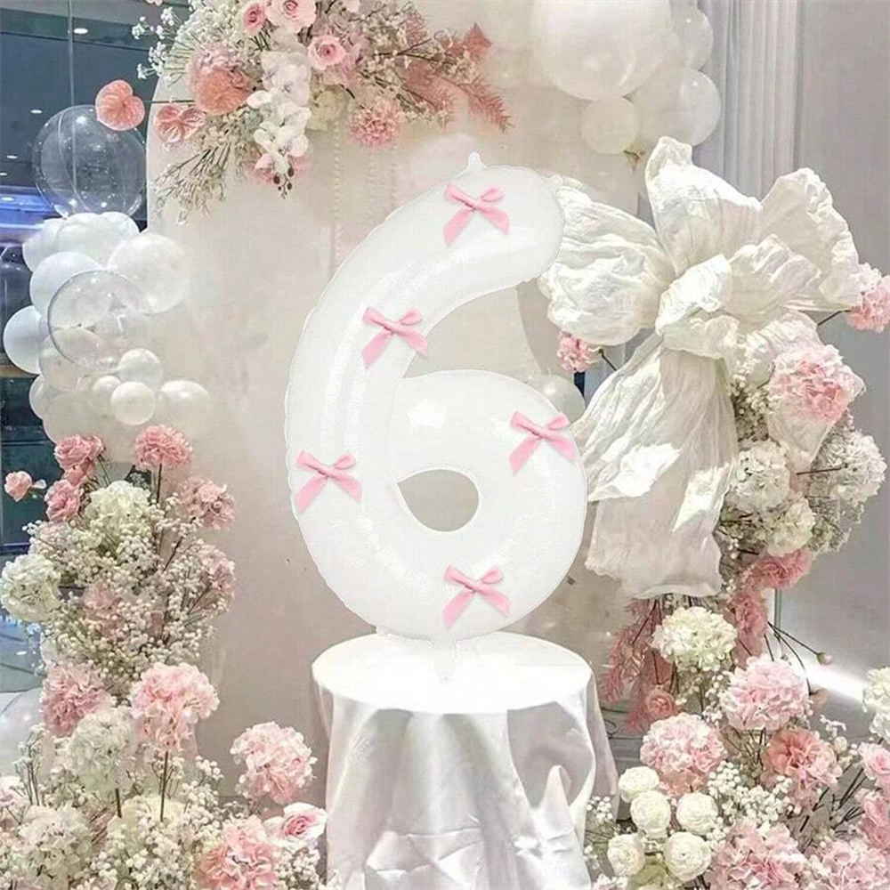 40 inch roze strik decor witte nummer ballonnen, 0-9 witte nummer ballonnen met roze strik decor, geschikt voor verjaardagsfeestje, jubileum
