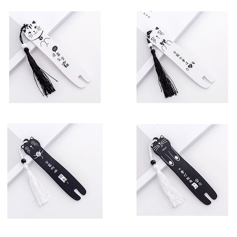 Kawaii Cartoon Cat Wooden Bookmarks for Books Black White Color Bookmark Tassel Book Page Student Stationery Supplies