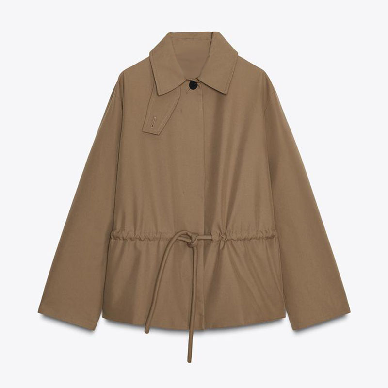 Casual Solid Vrouwen Jas Elegante Lange Mouw Revers Lace Up Geplooide Knop Vrouwelijke Uitloper 2025, Herfst Dame Streetwear: M