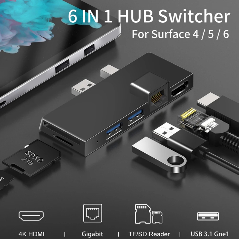 Hub pour Surface Pro 3/USB-C 6, séparateur de Type C à 4K, Compatible HDMI/Gigabit Ethernet /USB3.1/SD TF, 4/5