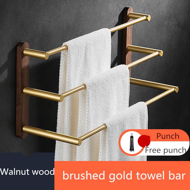 Nordic Walnut Bathroom Towel Rack Solid Wood Shower Shelf Brushed Gold Towel Bar 38/48/58cm Bathroom Triple Towel Holder