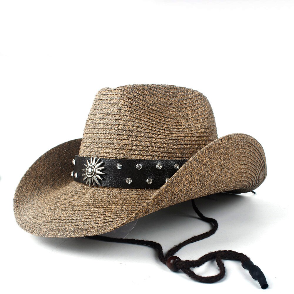 Dames heren holle strand sombrero man western cowboyhoed dame vader stro panama cowgirl jazz zonnepet maat 56-58cm: Koffie 8
