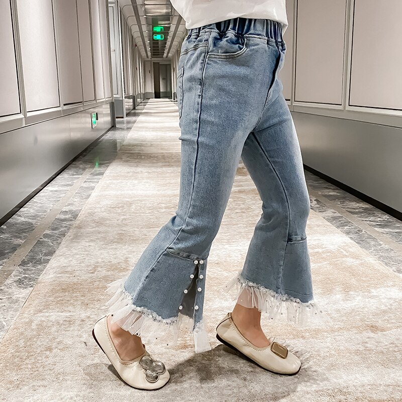 Jeans Slim en dentelle pour filles, jean épissé avec fente, pantalon évasé en Denim avec perles, vêtements pour adolescentes de 4 5 6 7 8 10 12 14 ans,