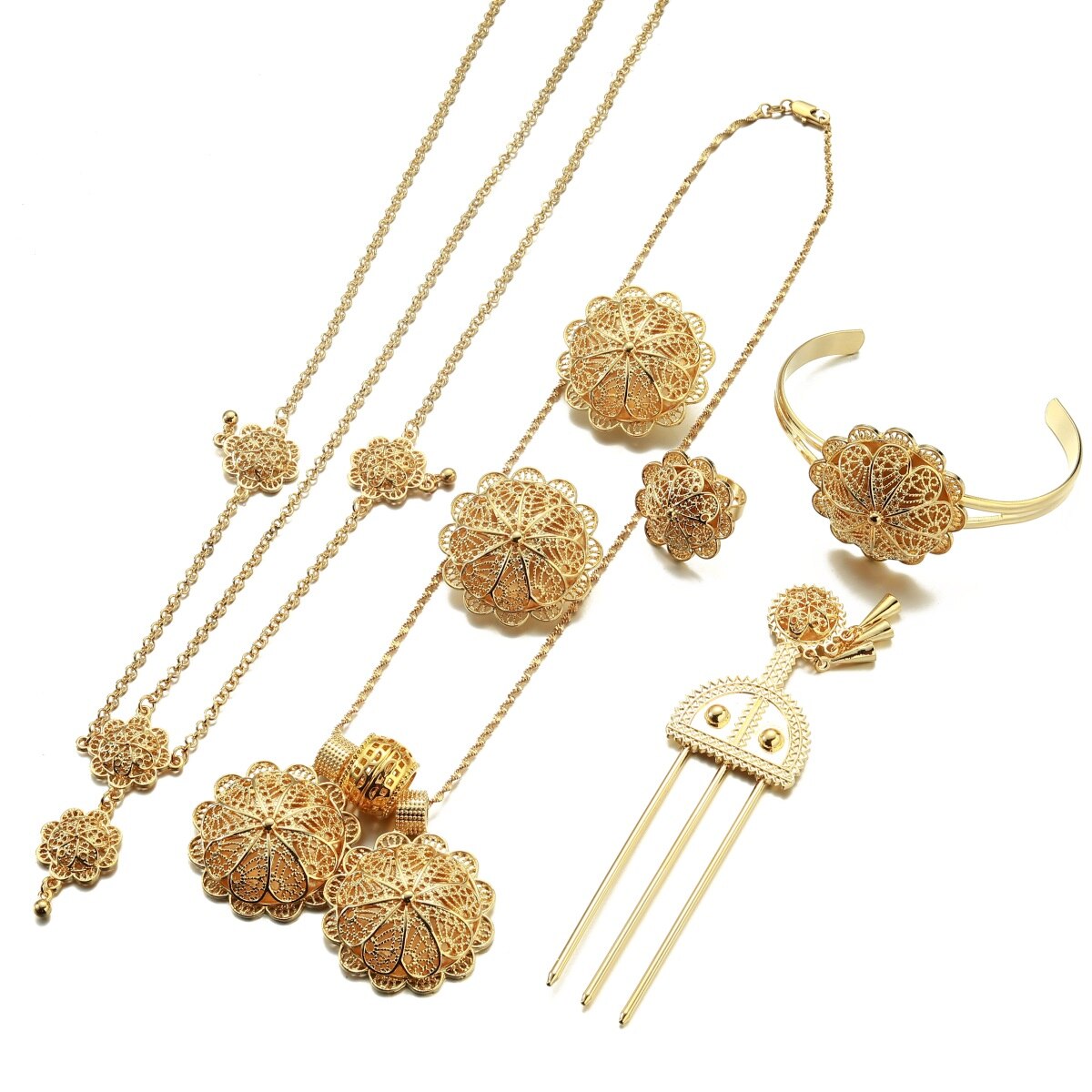 Goud Ethiopische Eritrean Afrikaanse Bruid Hanger Kettingen Oorbellen Ring Armbanden Habesha Sieraden Set Voor Vrouwen