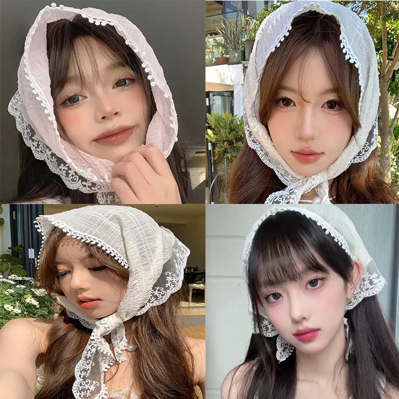 Pañuelo para el pelo de encaje Floral tejido blanco para mujer, pañuelo triangular Retro, sombrero, foto de viaje, diadema, accesorios para el cabello, verano