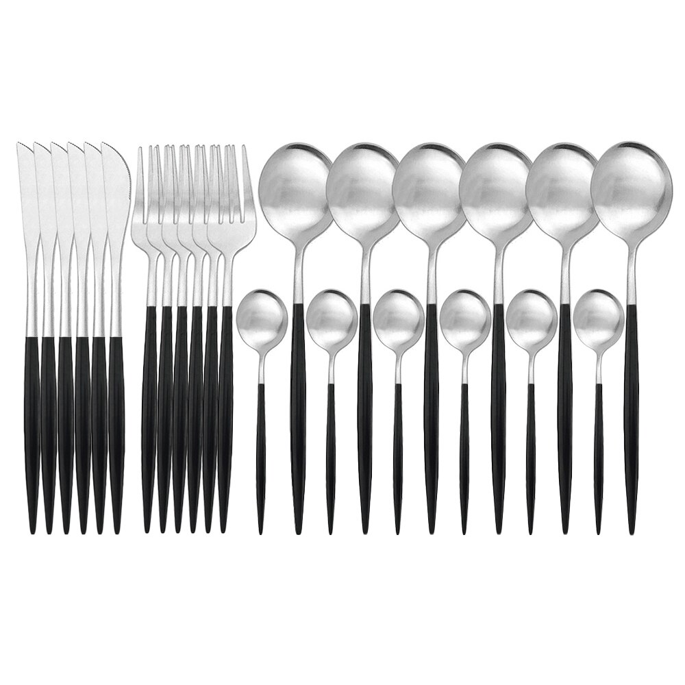 Couverts en acier inoxydable 304, 24 pièces, blanc et or mat, service de table, vaisselle, vaisselle, coutellerie, couteau, fourchette, cuillère, argenterie: 24Pcs Black Silver