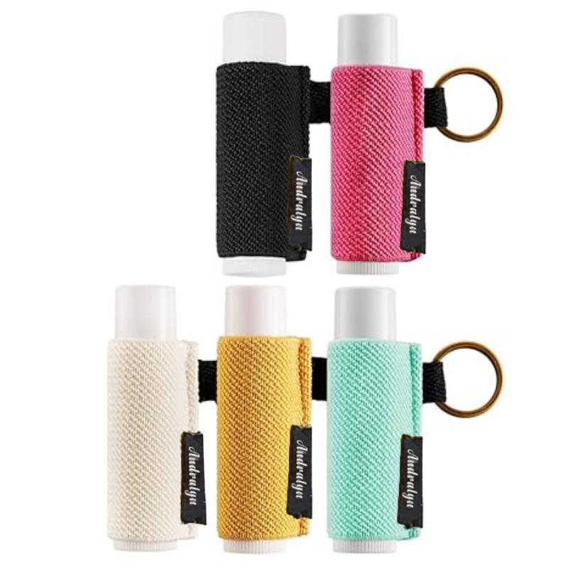 Soporte para bálsamo labial, llavero con Clip en funda para lápiz labial, funda para lápiz labial, llavero elástico de punto ajustado para bálsamo labial: Rosa