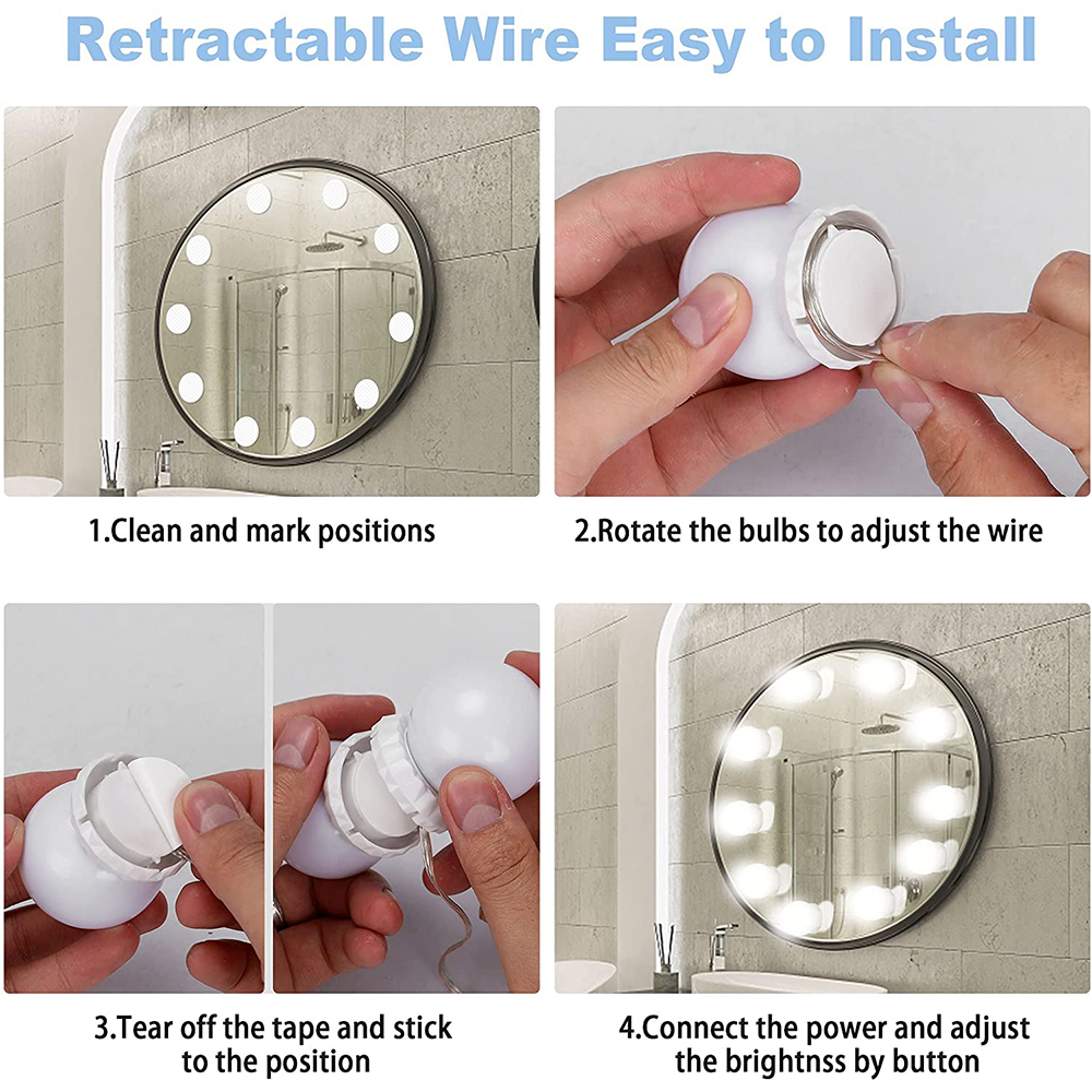 Ampoules LED USB pour miroir de maquillage, lampe murale à intensité variable, pour salle de bain, coiffeuse, 5 couleurs, 10 lumières