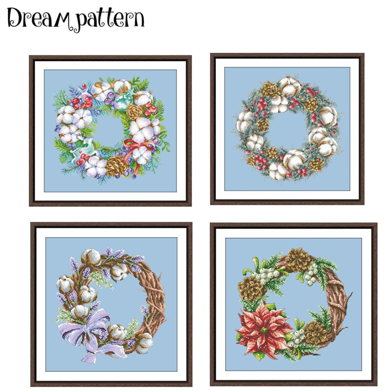 Christmas red flower wreath cross stitch kit package 14ct 11ct sky blue fabric cloth cotton thread embroidery DIY handmade