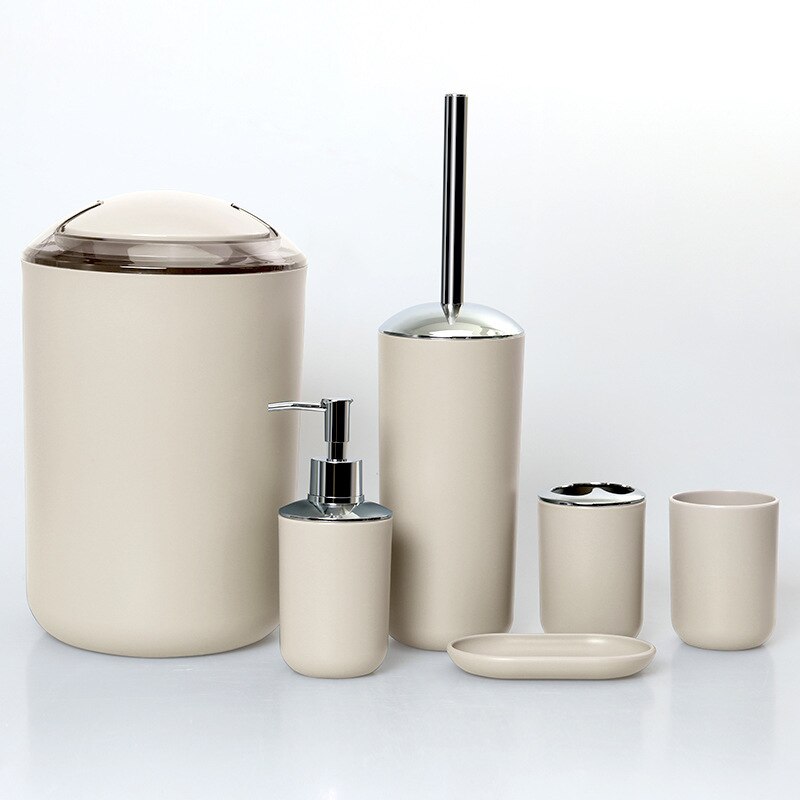 6 stk badeværelse tilbehør sæt tandbørsteholder kop sæbe dispenser fad toilet børste skraldespand plast tumbler kop vaskerum værktøj