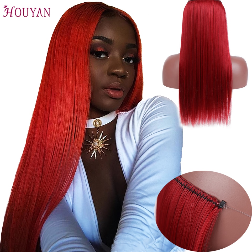 Houyan 24 Inch Rode Lange Rechte Haarverlenging Onzichtbare Natuurlijke Vis Lijn Haarstukken Ombre Hair Accessoires