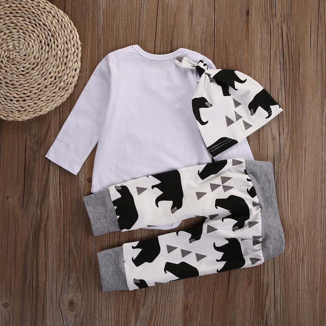 3Pcs baby Boys clothes Bear letter Pattern long sleeve Romepr+ pants +Hat 3pcs suit newborn baby boy clothing set