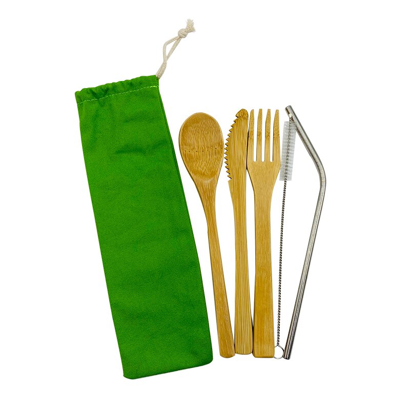 Vaisselle Portable biologique, vaisselle réutilisable, ensemble de vaisselle biodégradable, ustensiles de cuisine en bois de Camping, couverts de voyage en bambou: green