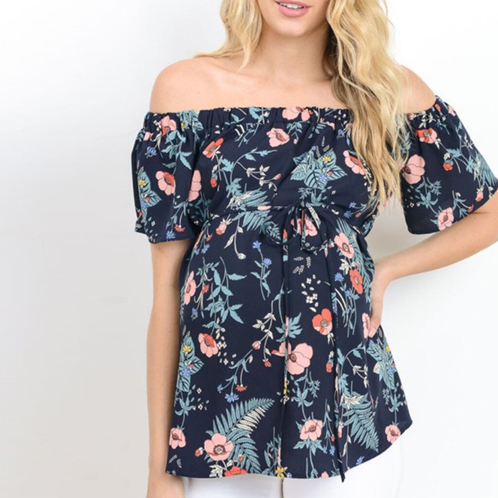Kvinnors kortärmade toppar amning off shoulder blommig t-shirt gravidkläder gravidtoppar sommar gravidblus