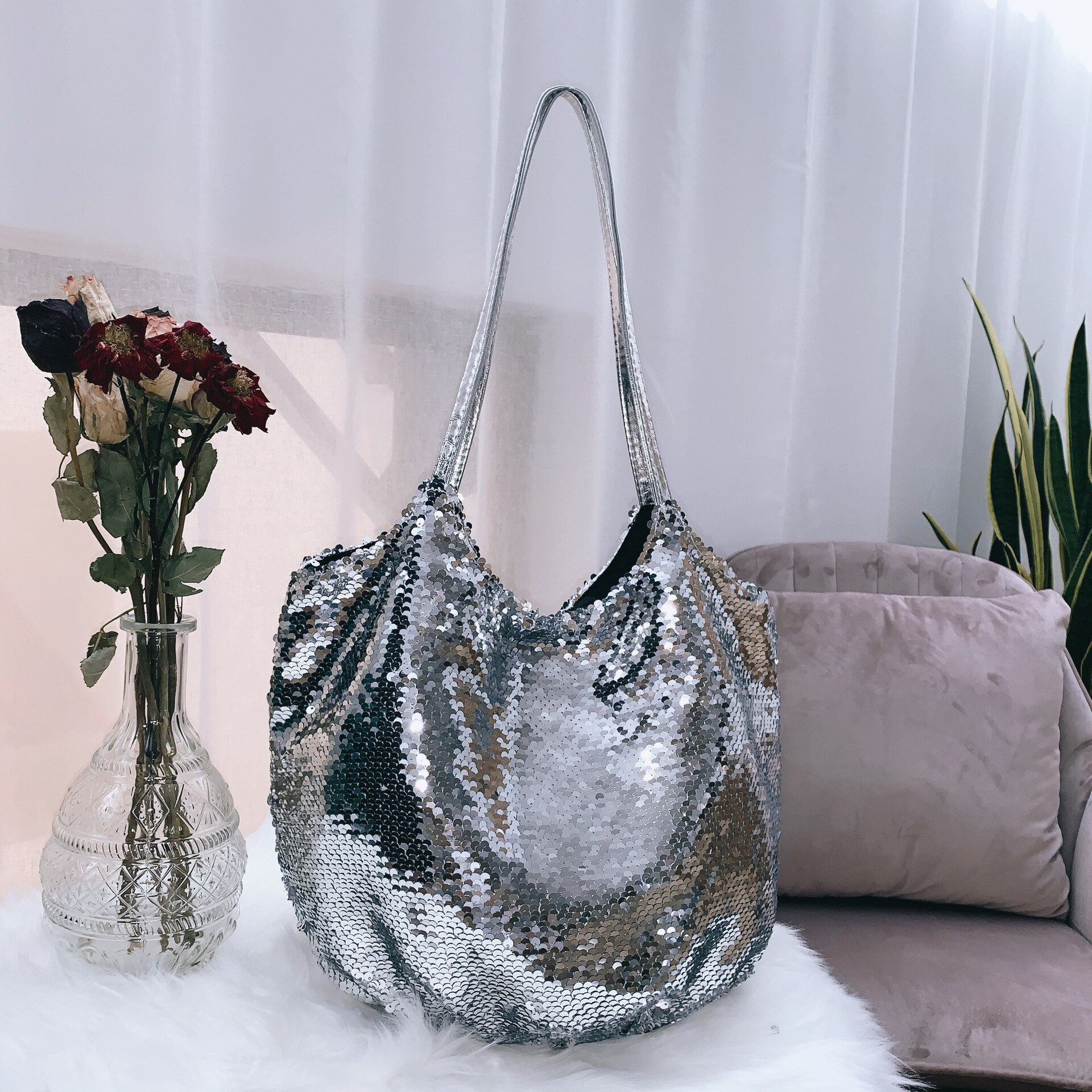 Bag for Women All-Match Big Bag Sequins Tote One Shoulder Bag Handbag Simple Cloth Bag Large Capacity Magnetic Button: Silver