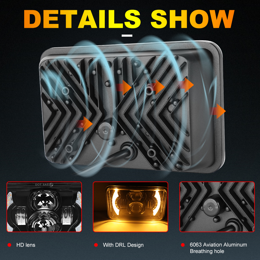HAOLIDE 4x6 Zoll Platz LED Auto Scheinwerfer Abblendlicht Bernstein Blinker DRL 6500K Fahr Licht für Licht SUV Auto 12V 24V