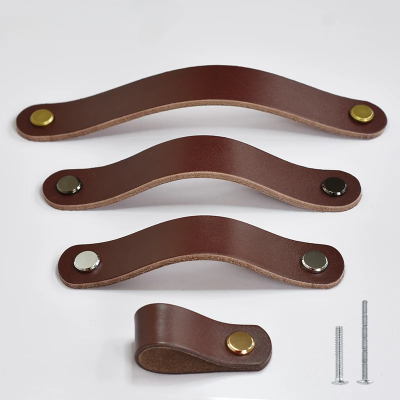 Boutons en cuir marron meubles rétro européens tiroir armoire porte poignée placard armoire à chaussures peau de vache tire bouton