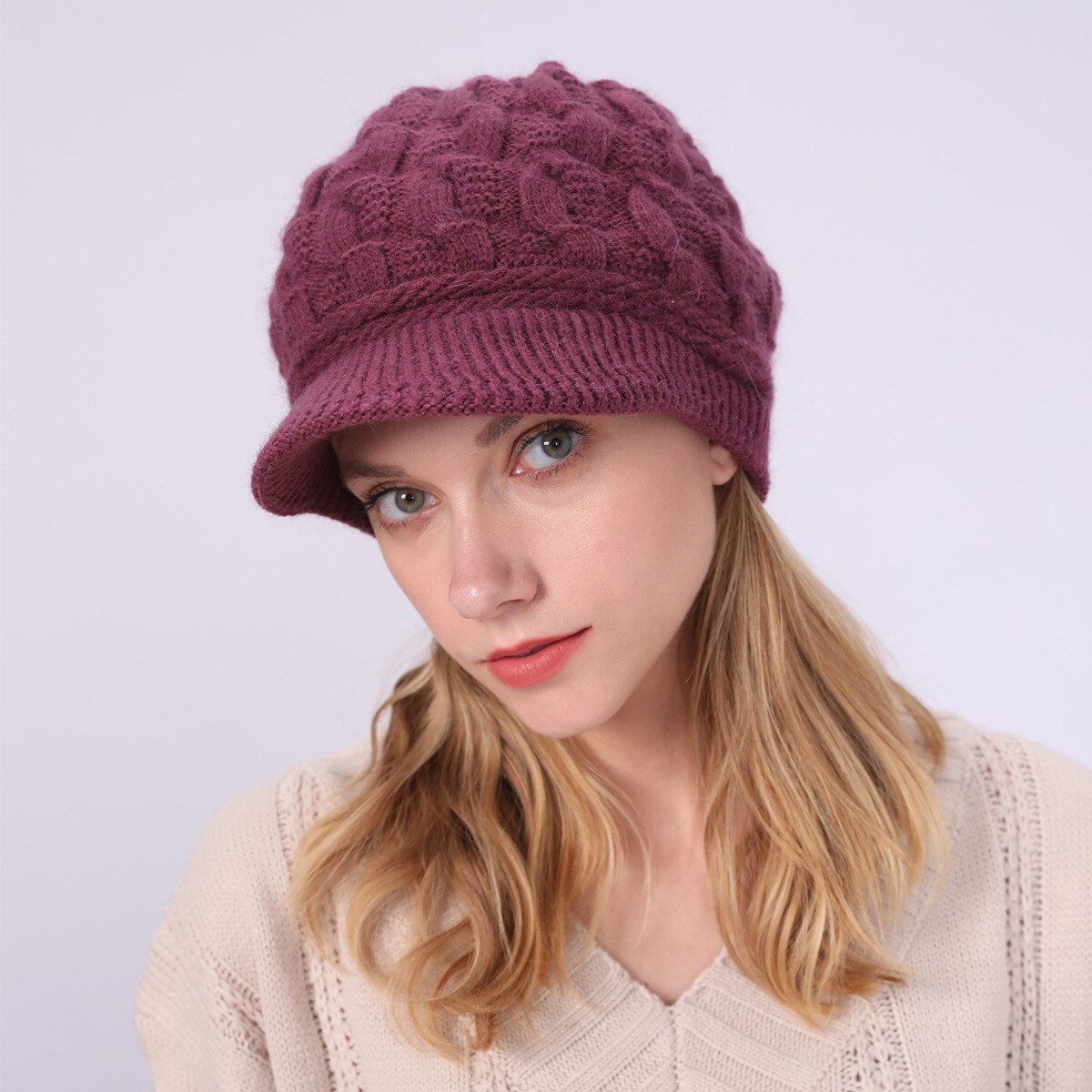 Autumn Winter Women Warm Beret Hats Knitted Berets Female Plush Beanies Hat Outdoor Lady Rabbit Wool Knit Flap Caps: Rose Red
