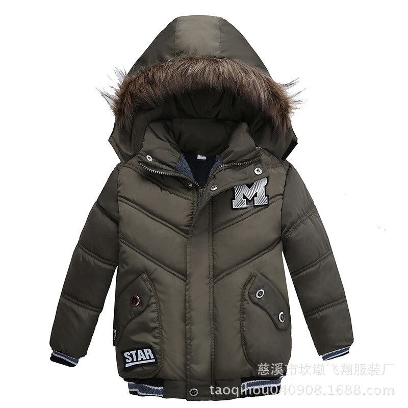Thick Keeping Warm Winter Boys Jacket Fur collar Letter Hooded Windbreaker Outerwear For Kids Children Heavy Coats: JK143-Grey / 2T