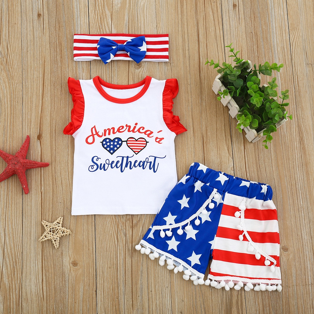 Boutique Girls Clothing Set American Patriotic Striped Cotton Outfits Toddler Kids Clothing 4th of July Girls Baby Clothing Set