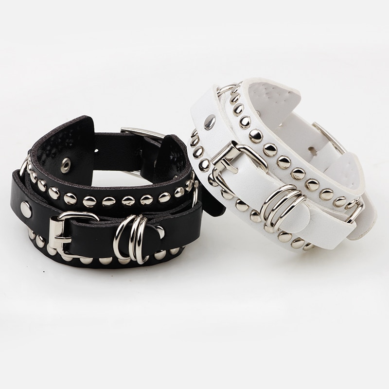 Womens Mens Punk Metal Rivets Wide Leather Bracelets with adjustable buckle,Rock & Roll Leather Bracelets