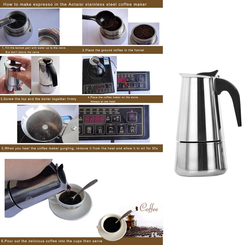Cafetera tetera portátil 100/200/300/450ML placa encimera Mocha cafetera Moka cafetera de acero inoxidable para Pro Barista